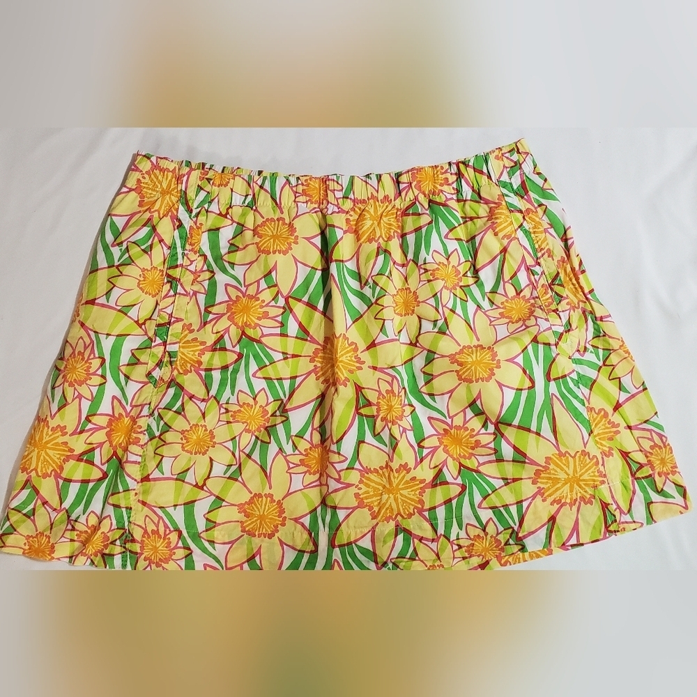 Lilly Pulitzer Yellow and Green Floral Lined Mini Skirt. Sz L